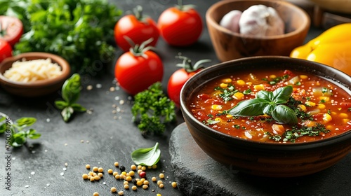 Homemade vegetarian soups and ingredients for cooking. In a bowl. Healthy food concept. Advertising photo