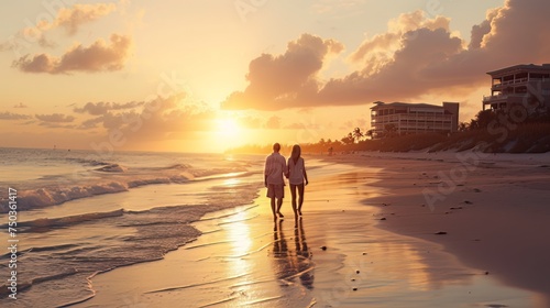 A couple enjoys the beach at sunset, with the sun descending on the ocean horizon and a hotel as the picturesque backdrop.