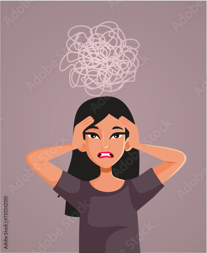 Vector Woman Having an Anxiety Attack Feeling Depressed. Girl in stressful situation having problems with her mental health
