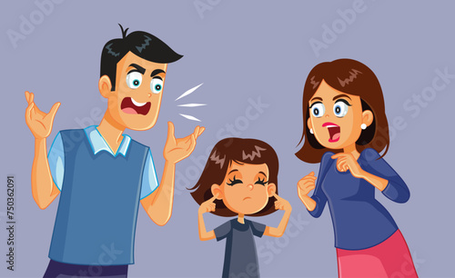 Little Child Covering Ears in Domestic Angry Dispute Vector Illustration. Unhappy little girl trying not to hear family traumatic conflicts 
