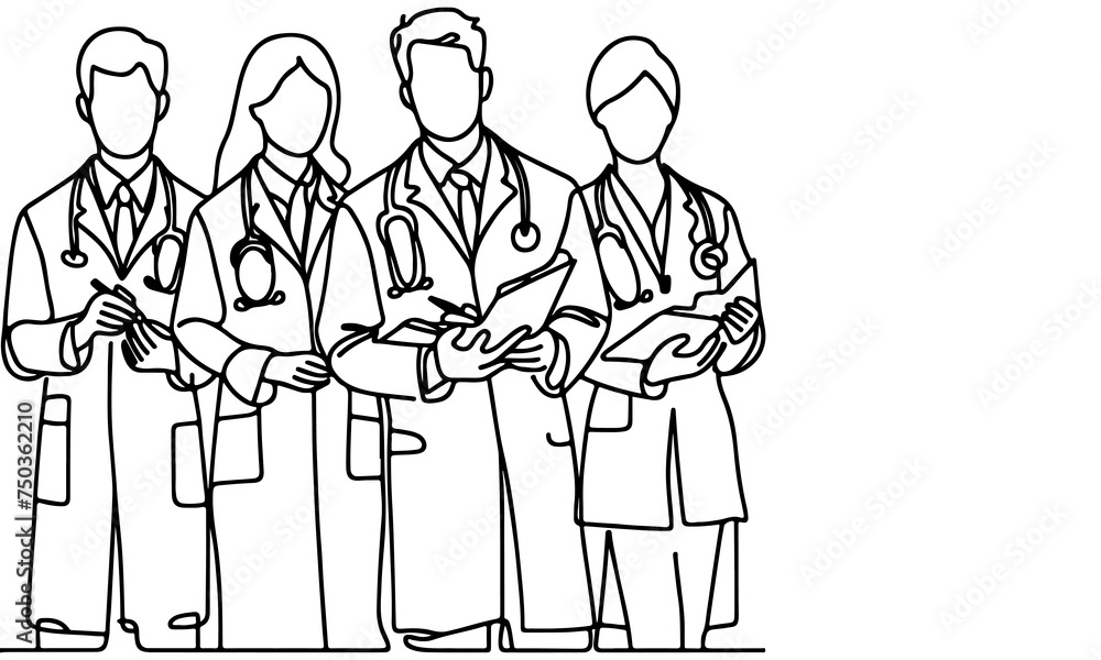 Continuous one black line art hand drawing doctors. National doctor day concept vector illustration on white background with copy space