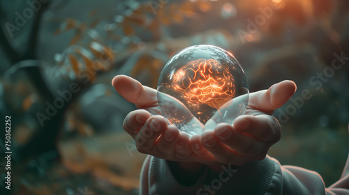 Ethical AI Development and Use. Balance of technology and humanity in ethical AI development. Human hands holding transparent, glowing orb representing an AI brain 