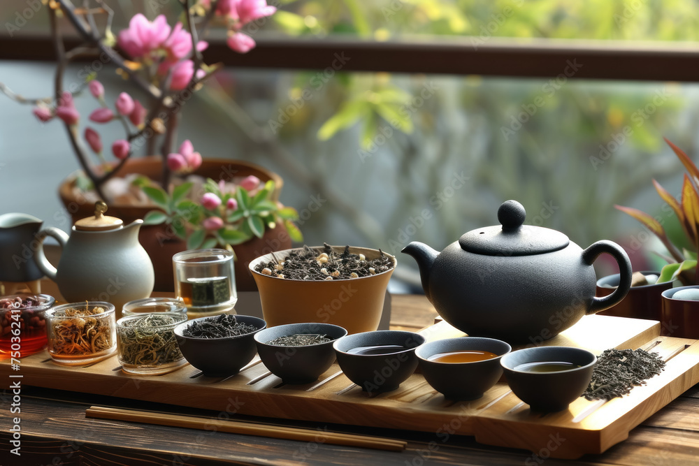 Traditional Chinese Tea Ceremony Set with Various Teas and Teapot Outdoors
