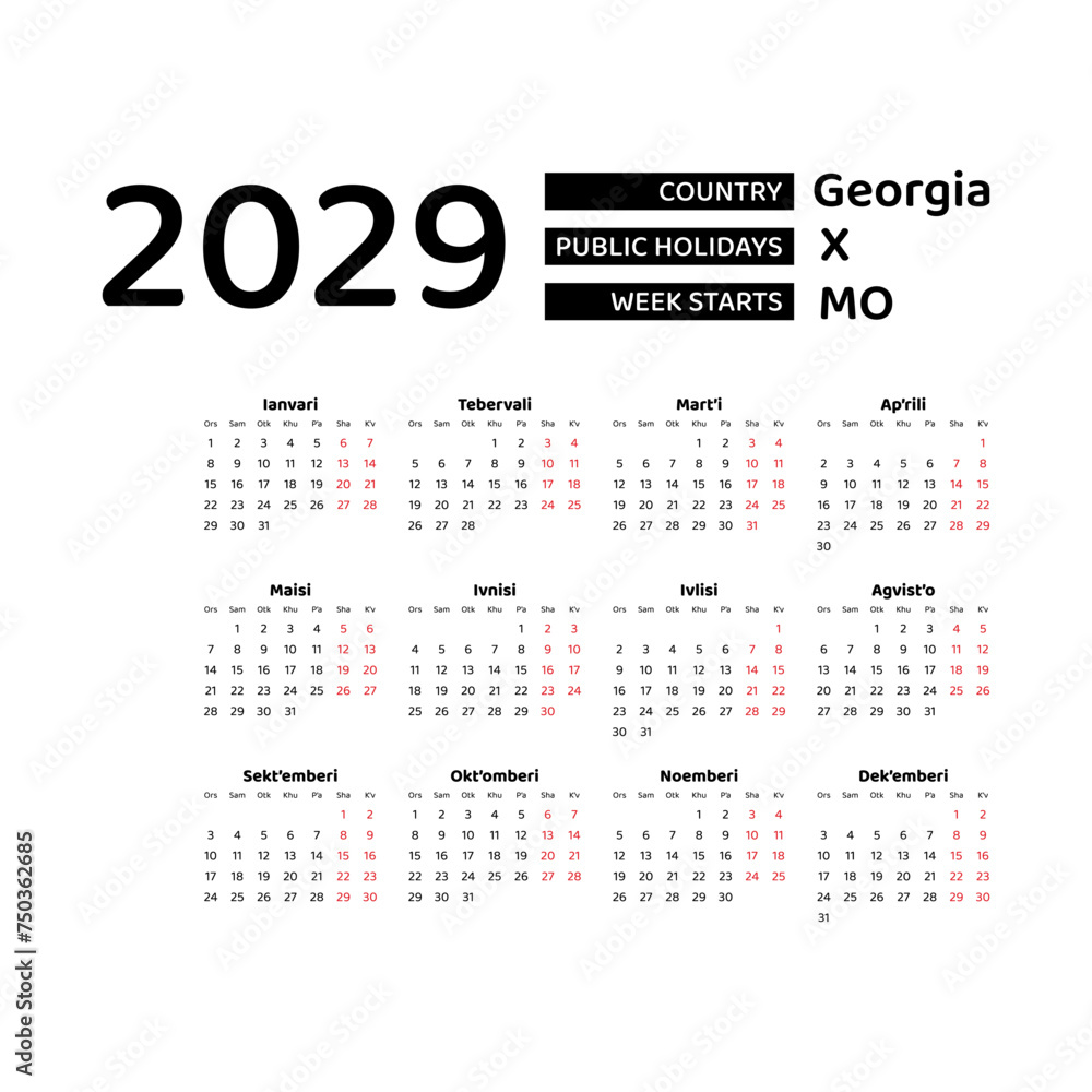 Calendar 2029 Georgian language with Georgia public holidays. Week starts from Monday. Graphic design vector illustration. Calendar 2029 Georgian language with Georgia public holidays. Week starts from Monday. Graphic design vector illustration.
