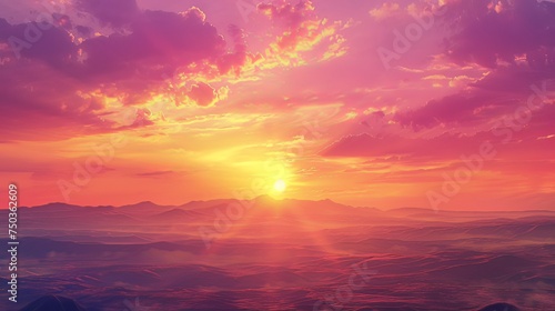 A panoramic view of the vast sky painted in hues of orange and pink as the sun sets behind the distant mountains, creating a breathtaking celestial canvas © shaiq