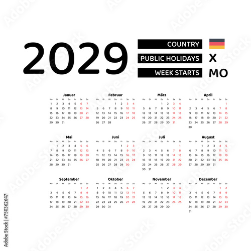 Calendar 2029 Germany language with German public holidays. Week starts from Monday. Graphic design vector illustration.