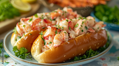 Shrimp rolls on a plate garnished with parsley. Seafood sandwich concept. Close-up food photography for design and print