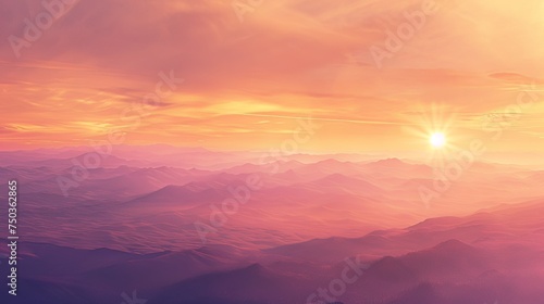 A panoramic view of the vast sky painted in hues of orange and pink as the sun sets behind the distant mountains  creating a breathtaking celestial canvas 