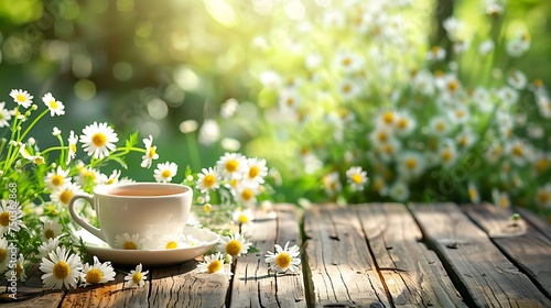 Spring Chamomile Flowers In Teacup On Wooden Table In Garden