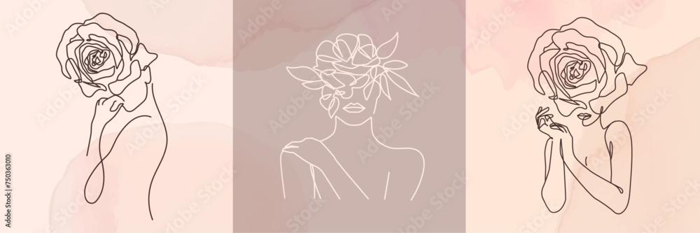 Female Silhouettes with Flowers Wall Art Prints Set Line Drawing. Woman Face with Flowers Minimal Fashion Design. Female Beauty Line Art, Vector Illustration. Woman Contemporary Portrait Minimal Style Female Silhouettes with Flowers Wall Art Prints Set Line Drawing. Woman Face with Flowers Minimal Fashion Design. Female Beauty Line Art, Vector Illustration. Woman Contemporary Portrait Minimal Style