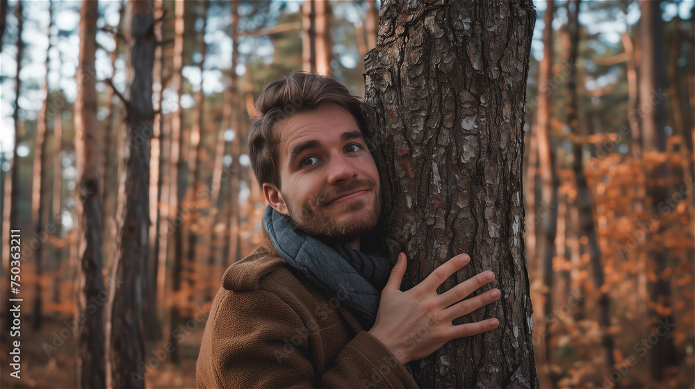 Handsome man hugging a tree in the forest Handsome man hugging a tree in the forest