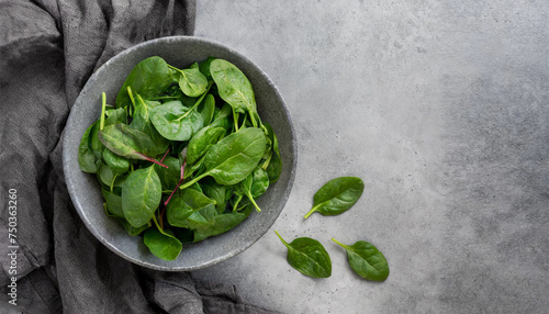 spinach. Fresh spinach on grey bowl and copy space, healthy concept
