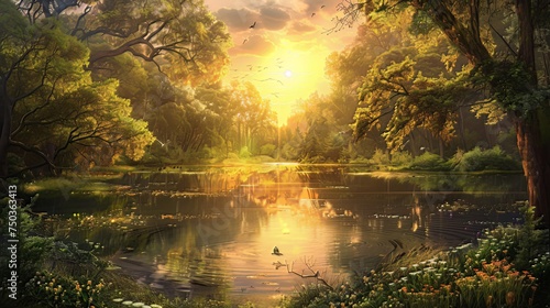 A serene nature landscape with a tranquil pond nestled in the heart of the forest during the radiant sunset, where dancing tree shadows reflect on the water, accompanied by the soothing melodies