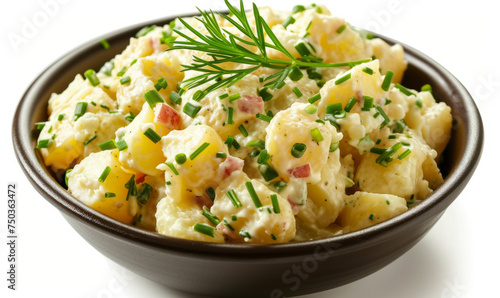 Creamy potato salad with chives in a black bowl, top-down view isolated on white background. Summer gathering crowd-pleaser concept for design and print