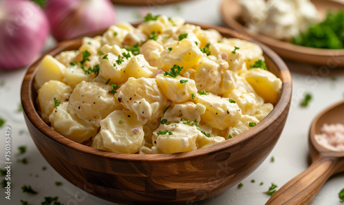 Creamy potato salad with chives in a black bowl, top-down view isolated on white background. Summer gathering crowd-pleaser concept for design and print