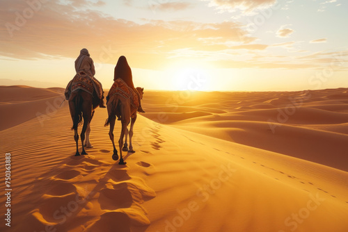 Camel Caravan Trekking through the Sahara Desert at Sunset