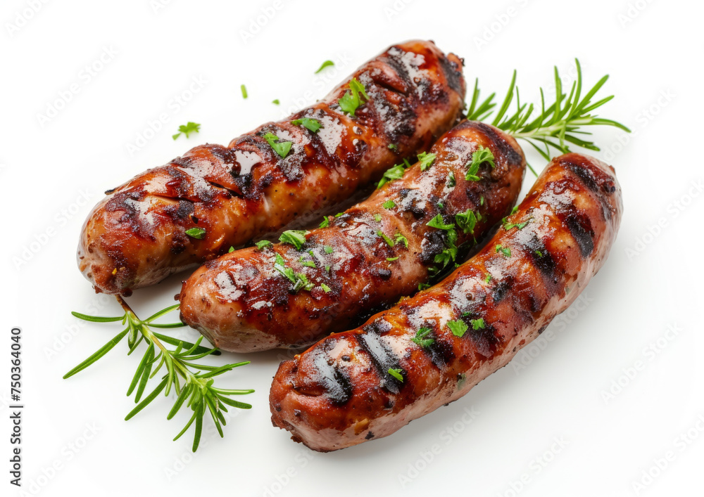 Grilled sausages with herbs, fragrant view, top-down view on a white background Grilled sausages with herbs, fragrant view, top-down view on a white background
