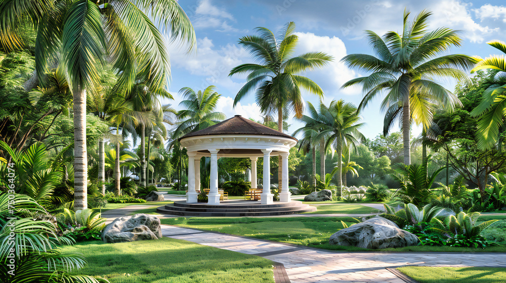 Tropical Oasis in the City, A Gazebo Amidst Lush Greenery, The Perfect Blend of Nature and Urban Life