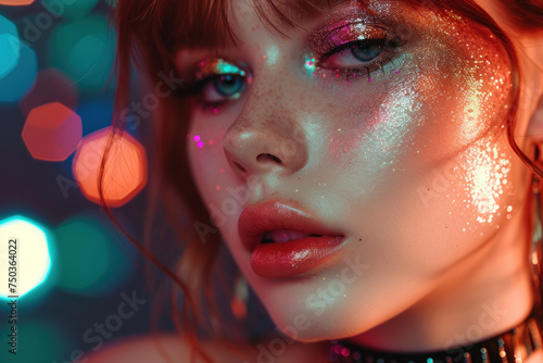 Glamorous Woman with Sparkling Glitter Makeup in a Neon Dreamscape