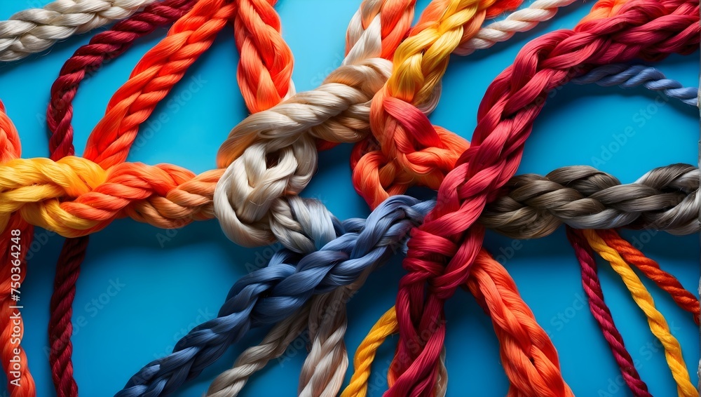 The integration of multi-colored ropes symbolizing a diverse team's strength, unity, communicating the essence of teamwork, cooperation, and mutual support on a colorful background Generative AI