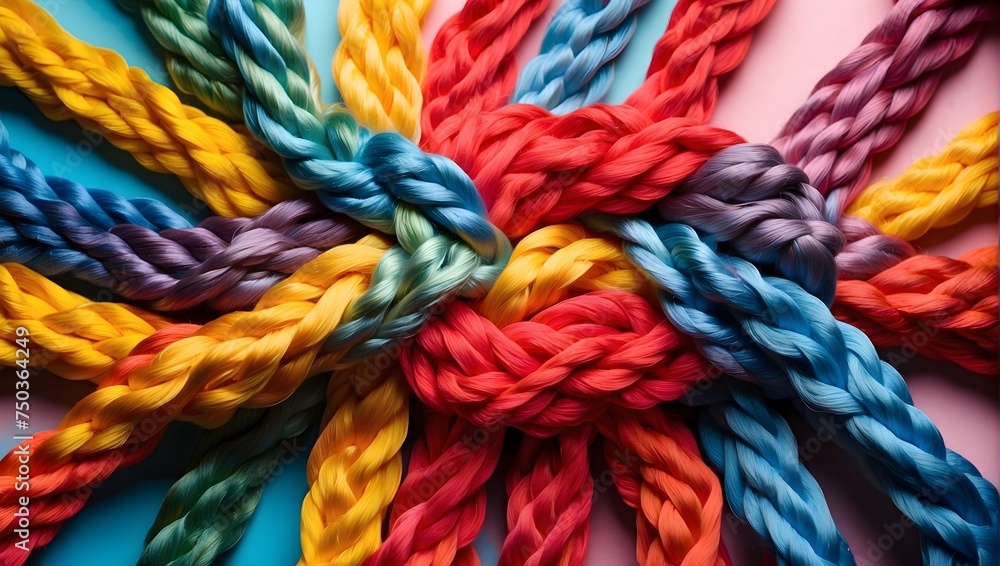 The integration of multi-colored ropes symbolizing a diverse team's strength, unity, communicating the essence of teamwork, cooperation, and mutual support on a colorful background Generative AI