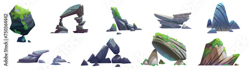 Grey big mountain stone with moss and grass. Cartoon vector illustration set of large rock cliff for canyon hill landscape design. Land terrain boulder piles and vertical rocky rubble construction.
