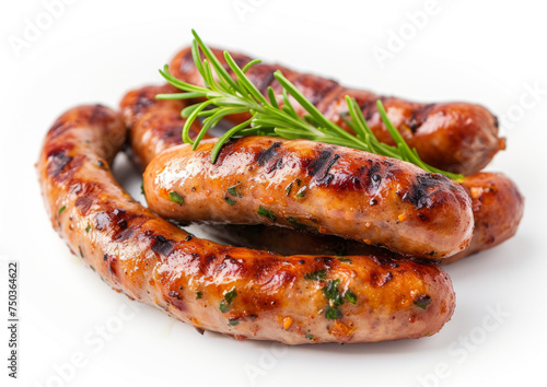 Grilled sausages with rosemary, top-down view isolated on white background. Bursting with flavors, perfect crowd-pleaser concept for design and print
