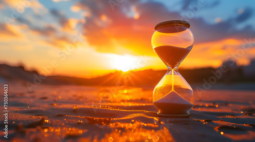 Hourglass on the background of a sunset. The value of time in life. Concept of time saving. generative ai photo