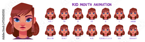 Kid girl kit for speaking animation creation. Cartoon vector illustration of little female child with different lip positions during pronunciation of english alphabet letters, sad and angry emotions.