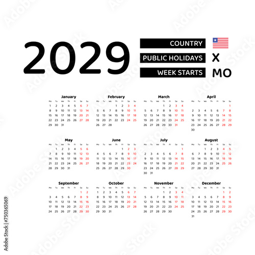 Calendar 2029 English language with Liberia public holidays. Week starts from Monday. Graphic design vector illustration.