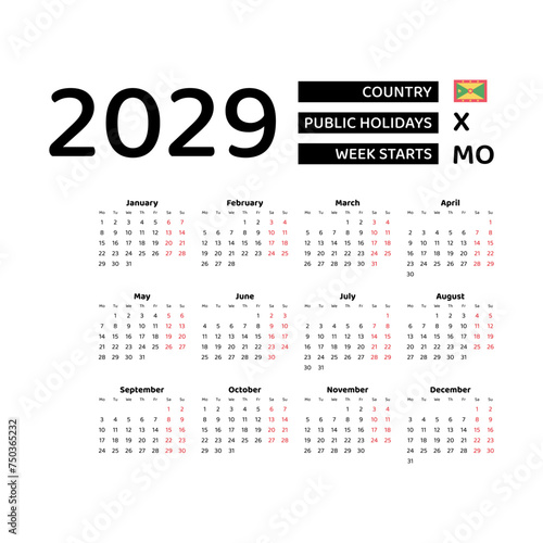 Calendar 2029 English language with Grenada public holidays. Week starts from Monday. Graphic design vector illustration.