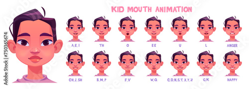 Kid girl mouth animation kit. Cartoon vector illustration set of female child avatar with various positions of lips and tongue during pronunciation of english alphabet. Talking character face.
