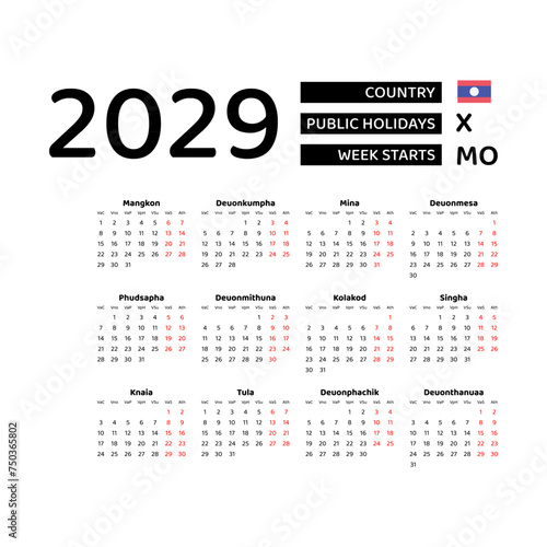 Calendar 2029 Lao language with Laos public holidays. Week starts from Monday. Graphic design vector illustration.
