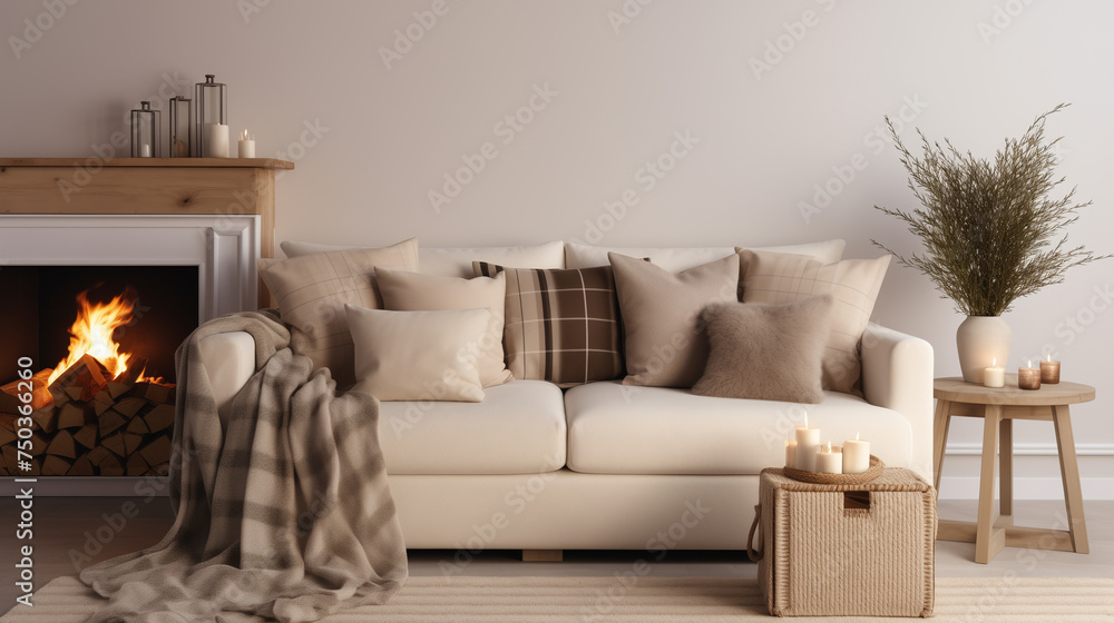 Cozy Living Room Setup with Neutral Toned Sofa and Warm Fireplace Ambiance Cozy Living Room Setup with Neutral Toned Sofa and Warm Fireplace Ambiance