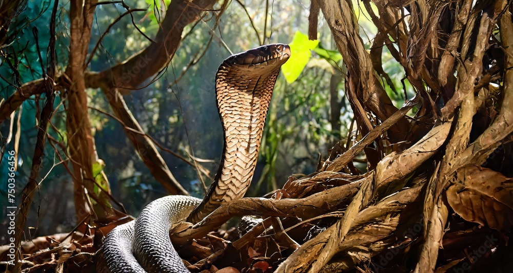 King Cobra Amidst the tangled roots of a rainforest canopy, a King Cobra reigns supreme. It - obrazy, fototapety, plakaty 