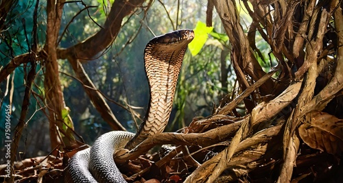 King Cobra Amidst the tangled roots of a rainforest canopy, a King Cobra reigns supreme. It photo