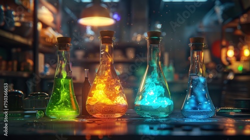 Fantasy laboratory glassware with mysterious green, orange, and blue glowing liquids.