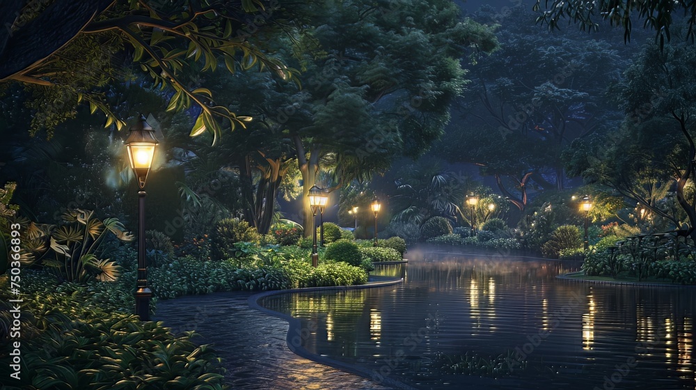 At night, lampposts light up the garden path, casting a soft glow on the surrounding greenery, creating a serene and enchanting atmosphere.