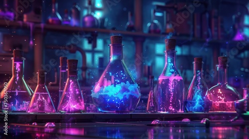 Fantasy laboratory glassware with mysterious green, orange, and blue glowing liquids.