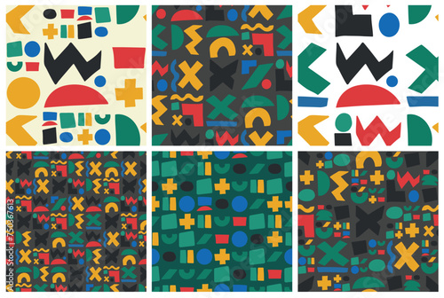 Vector seamless pattern set. Repeating abstract backgrounds with hand drawn geometric shapes