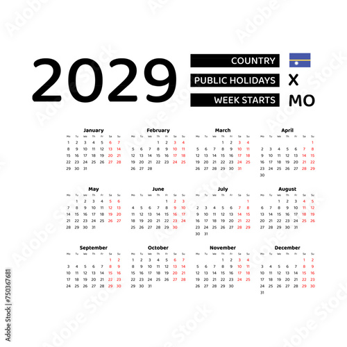 Calendar 2029 English language with Nauru public holidays. Week starts from Monday. Graphic design vector illustration.