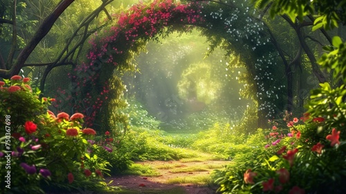 A beautiful secret fairytale garden with flower arches and colorful greenery. Digital painting background © Ainur
