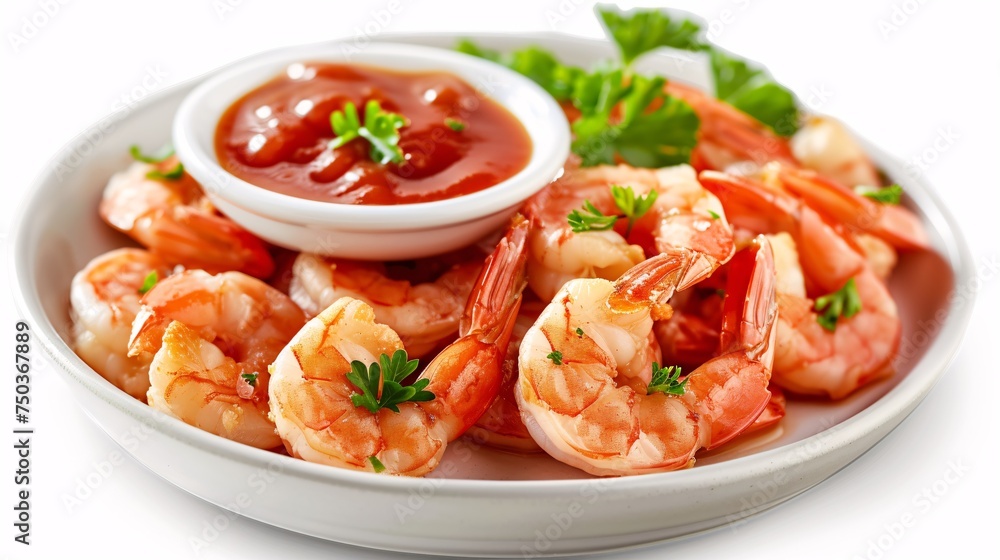 Crispy battered prawns with dipping sauce on a white background.