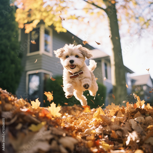 Terrier Dog Jumping in Autumn Leaves