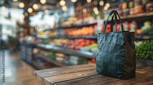 Eco-friendly reusable shopping bag filled with sustenance on wooden surface with blurred supermarket aisle in the backdrop.