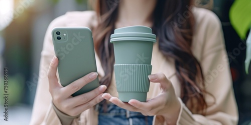 A woman's hand holding a sustainable coffee tumbler while using her phone, promoting eco-conscious living and reducing single-use plastic waste.