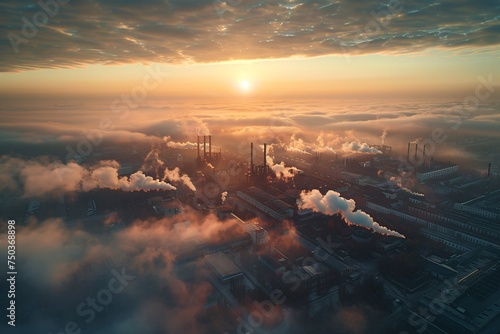 At sunrise, a metallurgical factory releases polluted fumes, causing environmental issues, captured by aerial photography.