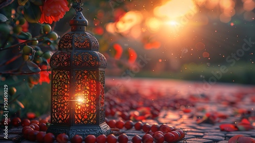 Capture of dimly lit image featuring Lantern Dates fruit and prayer beads for celebration of Ramadan and Eid.