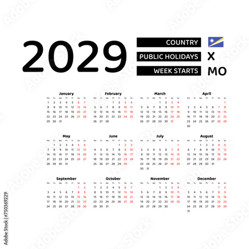 Calendar 2029 English language with Marshall Islands public holidays. Week starts from Monday. Graphic design vector illustration.