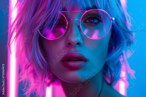 Futuristic Neon Glow Fashion Portrait. A fashion-forward portrait showcasing a young woman with vivid neon lighting and trendy pink glasses  embodying a modern cyberpunk aesthetic.  